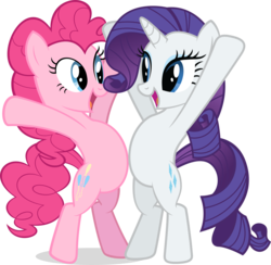 Size: 3038x2970 | Tagged: safe, pinkie pie, rarity, g4, belly bumps, belly touch, chest bump, happy, hooves up