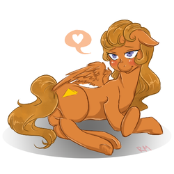 Size: 500x500 | Tagged: safe, artist:redmisa, oc, oc only, oc:gara, pegasus, pony, bedroom eyes, blushing, cute, floppy ears, gara, heart, looking back, lying, lying down, prone, smiling, solo, speech bubble, spread wings, underhoof