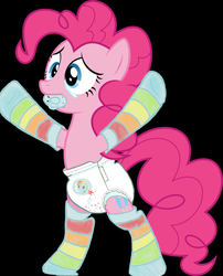 Size: 900x1114 | Tagged: dead source, safe, artist:oliver-england, pinkie pie, rainbow dash, g4, black background, clothes, crying, cutie mark, diaper, female, merchandise, my little ponies using my little pony merchandise, need to pee, non-baby in diaper, pacifier, potty time, potty training, pullup (diaper), rainbow socks, simple background, socks, solo, striped socks