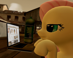 Size: 1280x1024 | Tagged: safe, edit, fluttershy, derpibooru, g4, 3d, bored, browsing, computer, gmod, laptop computer, macbook, sitting, soda, sprunk