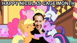 Size: 563x317 | Tagged: safe, applejack, fluttershy, pinkie pie, rarity, twilight sparkle, g4, hug, image macro, nicolas cage, nostalgia critic