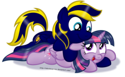 Size: 1024x629 | Tagged: safe, artist:aleximusprime, twilight sparkle, oc, oc:zephyr, alicorn, pony, g4, canon x oc, cuddling, cute, duo, female, male, mare, simple background, snuggling, straight, transparent background, twilight sparkle (alicorn), twiphyr