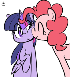 Size: 1100x1200 | Tagged: safe, artist:rwl, pinkie pie, twilight sparkle, alicorn, pony, g4, boop, cute, eyes closed, female, lesbian, mare, nose wrinkle, nuzzling, raised hoof, ship:twinkie, shipping, twilight sparkle (alicorn)