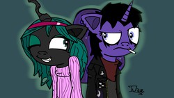 Size: 1280x721 | Tagged: safe, artist:combine345, princess luna, queen chrysalis, ask teen chrysalis, g4, clothes, goth, smoking, sweater