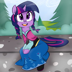 Size: 700x700 | Tagged: safe, artist:jessy, twilight sparkle, pony, unicorn, g4, alternate hairstyle, anna, clothes, cute, dress, female, frozen (movie), mare, open mouth, sitting, solo, twiabetes