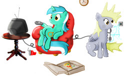 Size: 1125x710 | Tagged: safe, artist:harddriver04, derpy hooves, lyra heartstrings, pegasus, pony, g4, chair, electrocution, female, mare, pizza, shocked, sitting, television
