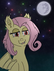 Size: 1264x1656 | Tagged: safe, artist:fluttershy-wins, fluttershy, bat pony, pony, bats!, g4, female, flutterbat, mare in the moon, moon, night, race swap, smugdash, solo