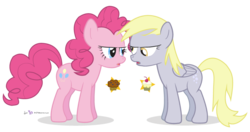 Size: 850x450 | Tagged: safe, artist:dm29, derpy hooves, pinkie pie, earth pony, pegasus, pony, g4, argument, cupcake, cupcakes vs muffins, derpy hooves is not amused, duo, female, mare, muffin, pinkie pie is not amused, simple background, transparent background, unamused