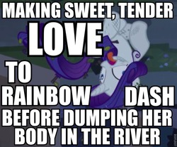 Size: 693x574 | Tagged: safe, edit, edited screencap, screencap, rainbow dash, rarity, pony, unicorn, g4, caption, female, fetish, image macro, implied lovemaking, implied murder, implied necrophilia, implied sex, mare, solo, text, wat