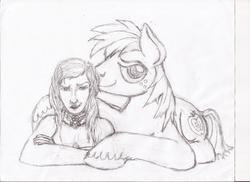 Size: 3507x2550 | Tagged: safe, artist:harryclopper, big macintosh, earth pony, human, pony, g4, collar, female, implied stallion on human female, looking at you, male, monochrome, nuzzling, sketch, stallion, traditional art