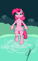 Size: 707x1131 | Tagged: safe, artist:bolchen, pinkie pie, earth pony, pony, g4, belly button, bipedal, cave, cave pool, female, mirror pool, solo