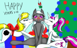 Size: 1024x640 | Tagged: safe, artist:bolchen, oc, oc only, alicorn, earth pony, pony, blushing, bow, christmas, christmas tree, holiday, licking, mistletoe, tail, tail bow, tongue out, tree