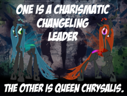 Size: 1024x780 | Tagged: safe, artist:prane, queen chrysalis, oc, changeling, g4, bait and switch, bait and switch comparison, donut steel, fanfic, fanfic art, orange changeling