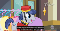 Size: 1600x830 | Tagged: safe, screencap, welcome inn, earth pony, pony, g4, rarity takes manehattan, hat, hub logo, logo, male, meme, new episode, open mouth, open smile, russian, smiling, solo, stallion, tail, the hub, youtube caption