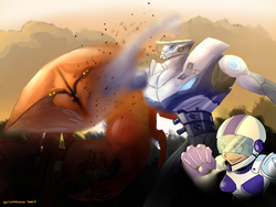 Size: 1200x900 | Tagged: safe, artist:damaximos, rarity, crab, giant crab, robot, g4, fight, humanized, light skin, mecha, rarity fighting a giant crab