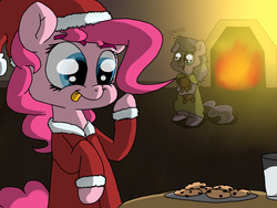 Size: 1600x1200 | Tagged: safe, artist:natalistudios, diamond tiara, pinkie pie, g4, bed mane, clothes, cookie, nightgown, santa costume, teddy bear