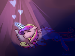 Size: 1024x768 | Tagged: safe, artist:palaceofchairs, princess cadance, alicorn, pony, g4, blushing, female, floppy ears, happy, heart, lying down, pillow, sleeping, solo