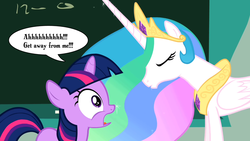 Size: 1280x720 | Tagged: safe, edit, edited screencap, screencap, princess celestia, twilight sparkle, alicorn, pony, unicorn, g4, female, filly, horn, mare, out of context, scared, stranger danger