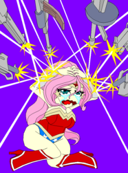 Size: 584x786 | Tagged: safe, artist:terry, fluttershy, human, equestria girls, g4, breasts, bulletproof, busty fluttershy, crying, dc comics, eyestrain warning, female, gun, purple background, simple background, wonder woman