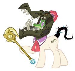 Size: 900x857 | Tagged: safe, artist:pixelkitties, coco pommel, gummy, trixie, alligator, chimera, cragadile, crocodile, g4, augmented tail, black vine, simple background, this isn't even my final form, transparent background, trixie scepter, twilight scepter, wat, what has science done