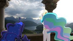 Size: 1920x1080 | Tagged: safe, artist:jordila-forge, artist:mr-kennedy92, princess celestia, princess luna, alicorn, pony, g4, butt, duo, featureless crotch, female, germany, irl, mare, mountain, neuschwanstein, photo, plot, ponies in real life, royal sisters, sisters, vector