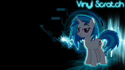 Size: 1920x1080 | Tagged: safe, artist:1nfiltrait0rn7, artist:moongazeponies, dj pon-3, vinyl scratch, pony, unicorn, g4, cutie mark, female, glowing, hooves, horn, mare, smiling, solo, teeth, text, vector, wallpaper