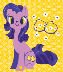 Size: 525x600 | Tagged: dead source, safe, artist:yousukou, kimono, pony, g3, abstract background, c:, full body, heart, lineless, looking at you, no catchlights, sitting, smiling, solo