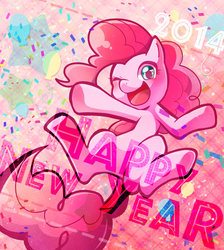 Size: 800x894 | Tagged: safe, artist:mizoreame, pinkie pie, earth pony, pony, g4, abstract background, female, happy new year, one eye closed, pixiv, smiling, solo, wink