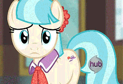 Size: 500x345 | Tagged: safe, screencap, coco pommel, pony, rarity takes manehattan, animated, cocobetes, cute, eye shimmer, female, floppy ears, solo