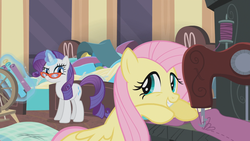 Size: 1920x1080 | Tagged: safe, screencap, fluttershy, rarity, pegasus, pony, unicorn, g4, my little pony: friendship is magic, rarity takes manehattan, female, glowing horn, horn, levitation, magic, magic aura, manefair hotel, manehattan, mare, needlework, sewing, sewing machine, telekinesis, trollface