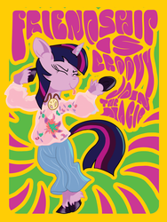 Size: 768x1024 | Tagged: safe, artist:archonix, twilight sparkle, pony, unicorn, 60s, bipedal, clothes, dancing, eyes closed, female, groovy, hippie, jewelry, mare, necklace, peace symbol, poster, psychedelic, solo, unshorn fetlocks