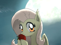 Size: 1081x800 | Tagged: safe, artist:239asd, fluttershy, bat pony, pony, bats!, g4, apple, female, flutterbat, race swap, solo