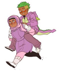 Size: 699x825 | Tagged: safe, artist:nyan-cow, spike, sweetie belle, human, g4, converse, dark skin, female, hijab, humanized, islam, male, moderate dark skin, piggyback ride, ship:spikebelle, shipping, shoes, straight