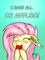 Size: 800x1078 | Tagged: safe, artist:krucification, fluttershy, bat pony, pony, bats!, g4, apple, biting, cute, eating, eyes closed, female, flutterbat, nom, race swap, shyabates, shyabetes, solo, that pony sure does love apples, tumblr