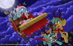Size: 2362x1476 | Tagged: safe, artist:crimsonbugeye, snails, snips, trixie, pony, unicorn, g4, aura, body pillow, christmas, clothes, laughing, lunchbox, magic, noblewoman's laugh, plushie, reindeer antlers, santa costume, sleigh, trixie scepter, trixieball, twilight scepter