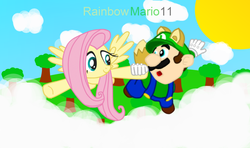 Size: 2700x1600 | Tagged: safe, artist:rainbowmario11, fluttershy, human, pony, g4, crossover, flying, forest, holding hands, holding hooves, human on pony hoof holding, luigi, male, nintendo, power-up, super mario