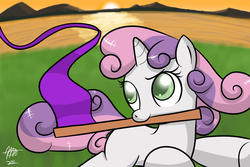 Size: 1024x683 | Tagged: safe, artist:mister-markers, sweetie belle, pony, unicorn, g4, female, flag, looking back, mouth hold, running, solo, sunset