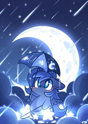 Size: 1000x1400 | Tagged: safe, artist:php56, princess luna, alicorn, pony, g4, blushing, chibi, cloud, cloudy, crescent moon, cute, female, filly, fishing rod, glowing, lunabetes, moon, rain, solo, transparent moon, umbrella, woona