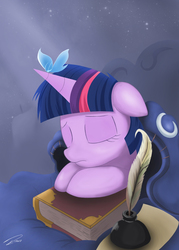 Size: 2500x3500 | Tagged: safe, artist:deltalinwie, twilight sparkle, butterfly, g4, blanket, book, female, quill, sleeping, solo