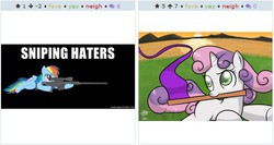 Size: 512x272 | Tagged: safe, rainbow dash, sweetie belle, pegasus, pony, unicorn, derpibooru, g4, exploitable meme, female, filly, gun, hooves, horn, juxtaposition, juxtaposition win, lying down, mare, meme, meta, optical sight, rifle, sniper rifle, text, weapon, wings