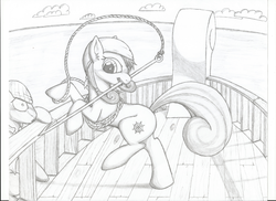 Size: 1920x1396 | Tagged: safe, artist:tyrellus, oc, oc only, monochrome, ocean, pirate ship