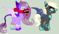 Size: 818x474 | Tagged: safe, artist:chopstickgirl241, oc, oc only, unnamed oc, bat pony, pony, adoptable, bandana, bat pony oc, black eyeshadow, blaze (coat marking), body markings, chest fluff, clothes, coat markings, colored eartips, colored wings, countershading, cute, cute little fangs, cyan eyes, duo, duo female, ear piercing, ear tufts, earring, eyeshadow, facial markings, fangs, female, green background, jewelry, lavender eyeshadow, leg markings, leonine tail, light green background, makeup, mare, mask, open mouth, open smile, piercing, purple eyeshadow, rainbow socks, simple background, slit pupils, smiling, socks, striped socks, tail, wings, yellow eyes