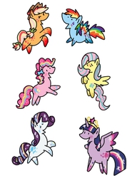 Size: 400x520 | Tagged: safe, artist:kushina13, applejack, fluttershy, pinkie pie, rainbow dash, rarity, twilight sparkle, alicorn, pony, g4, colored wings, female, mane six, mare, multicolored wings, naname pony, pixiv, rainbow power, rainbow wings, twilight sparkle (alicorn)