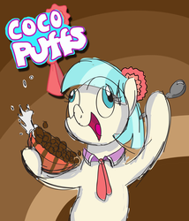 Size: 2573x3000 | Tagged: safe, artist:clamstacker, coco pommel, g4, rarity takes manehattan, cereal, cocoa puffs, derp, female, product placement, pun, solo