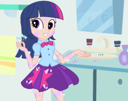 Size: 978x775 | Tagged: safe, artist:qeustruh, twilight sparkle, equestria girls, g4, are equestrian girls human?, bathroom, female, furry human, human coloration, humanized, razor, shaved, shaving, smiling, solo, this explains everything