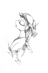 Size: 982x1488 | Tagged: safe, artist:derp-my-life, derpy hooves, pegasus, pony, g4, alternate hairstyle, beautiful, eyes closed, female, flower, leaves, monochrome, open mouth, solo, tattoo concept, traditional art, vine, wip