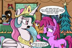 Size: 1500x1000 | Tagged: safe, artist:daniel-sg, berry punch, berryshine, princess celestia, scootaloo, g4, bitchlestia, chest fluff, clementine (walking dead), dialogue, drunk, i can't believe it's not idw, lee everett, rejection, seduction, the walking dead