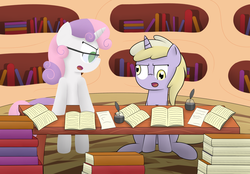 Size: 2150x1500 | Tagged: safe, artist:pvryohei, dinky hooves, sweetie belle, post-crusade, g4, angry, book, derp, glasses, golden oaks library, library, shining bonds