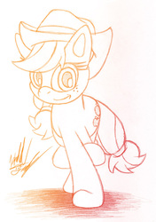 Size: 705x1000 | Tagged: safe, artist:fuzon-s, applejack, g4, female, gradient lineart, looking at you, running, sketch, solo, traditional art