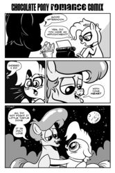 Size: 930x1401 | Tagged: safe, artist:catfood-mcfly, grace manewitz, oc, oc:chocolate pony, chocolate pony, food pony, original species, pony, g4, blushing, comic, food, monochrome, moon, ponified